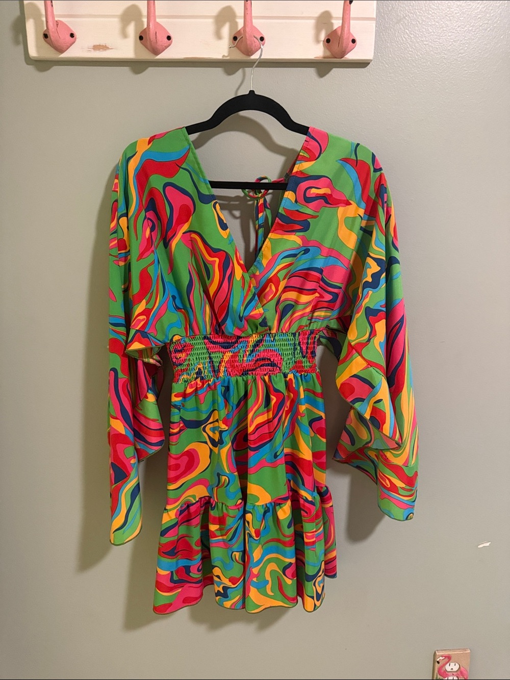 Vibrant Multi-Color V-Neck Smocked Waist Mini Dress